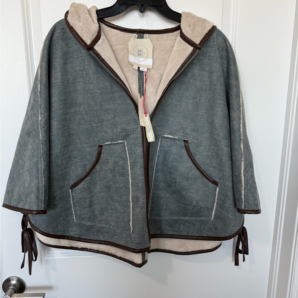 Anthropologie Gray and Cream Hooded Cape